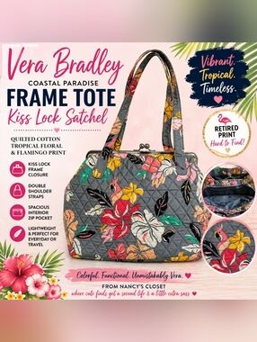Vera Bradley Coastal Paradise Frame Tote Kiss Lock Satchel Flamingo Floral Bag